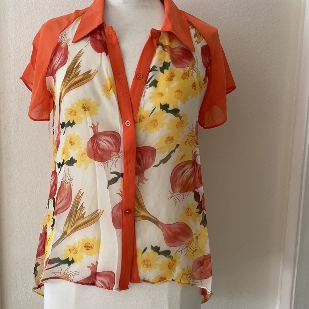 Trendology Silk Retro Novelty print Vegetables sheer hi-lo short sleeve NEW